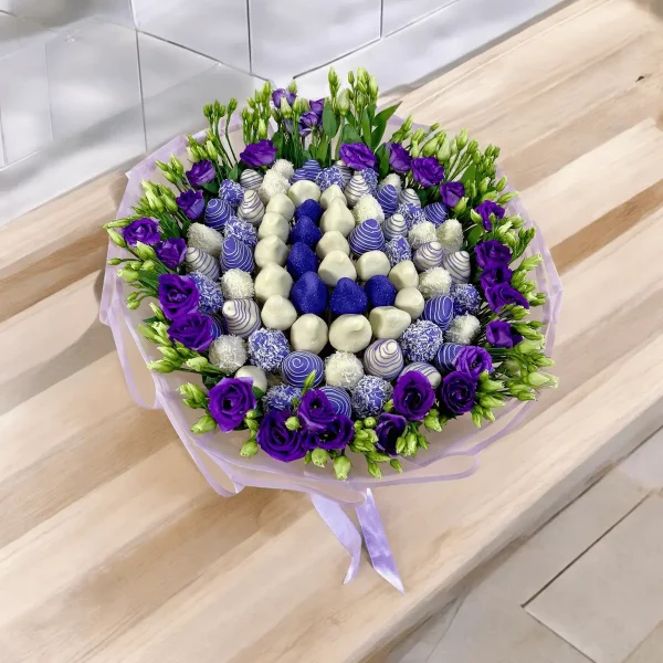 Beautiful Letter Bouquet with chocolate-dipped strawberries and lisianthuses