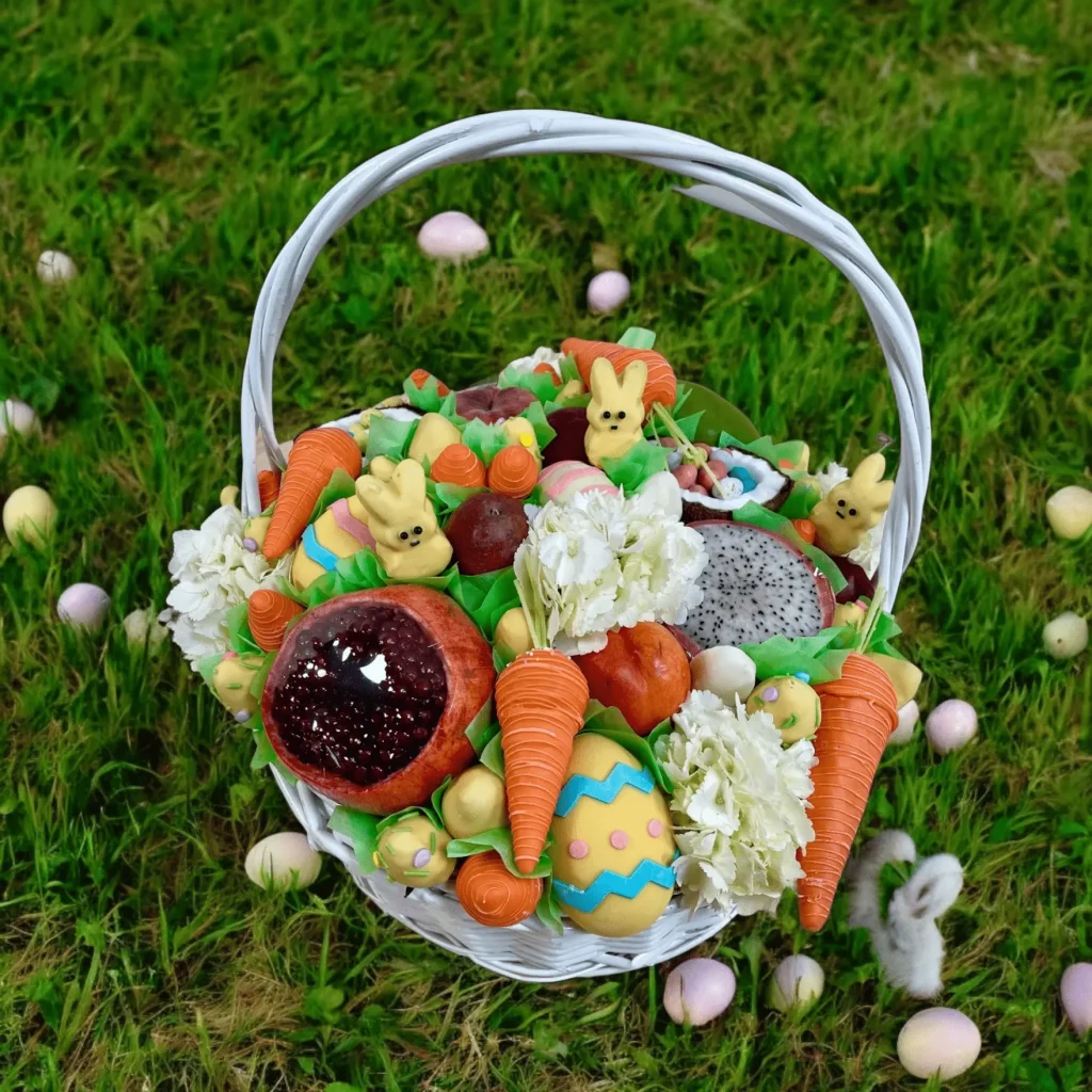 Vibrant Easter Gift Basket with chocolate-covered strawberries, fresh fruits, floral accents, and chocolate-covered marshmallow bunnies