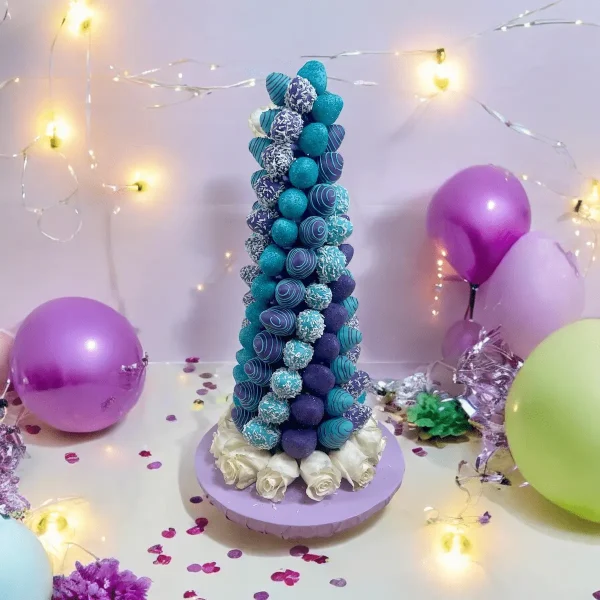 A Frozen color-themed tower of chocolate-covered strawberries, available in Regular and Large sizes, ideal for any special event.