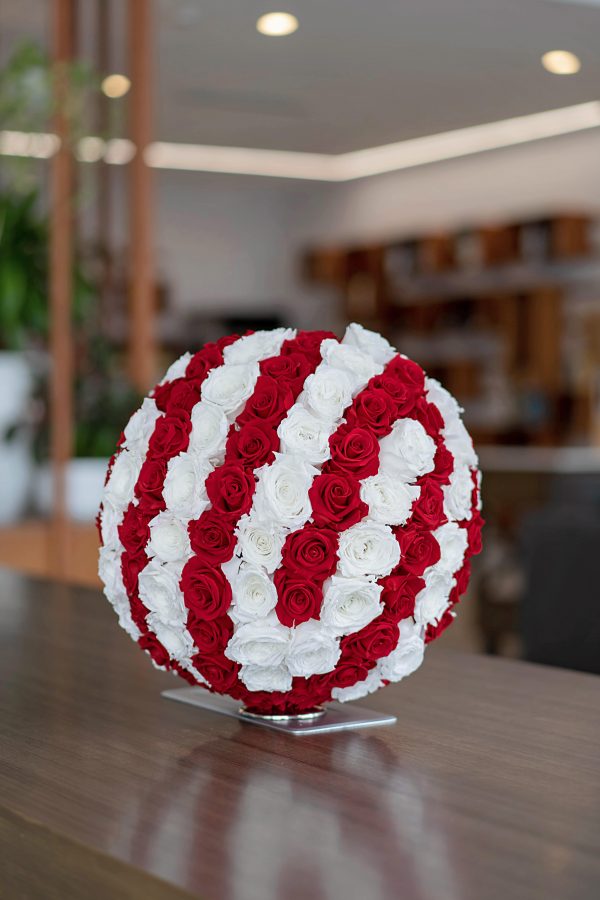 Opulent ball of forever preserved roses, elevating office ambiance.
