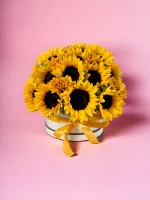 A beautifully arranged hatbox with 40-50 sunflower stems, capturing the essence of summer and joy in a compact floral display.
