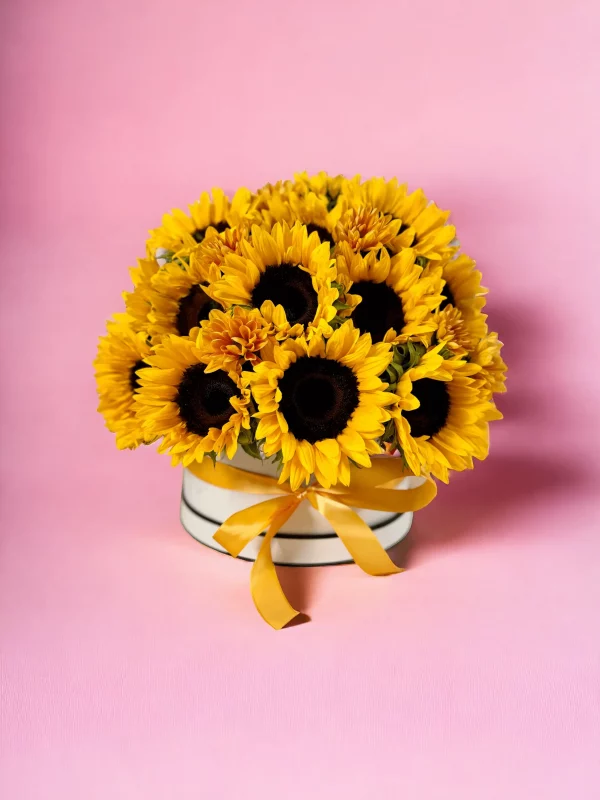 A beautifully arranged hatbox with 40-50 sunflower stems, capturing the essence of summer and joy in a compact floral display.