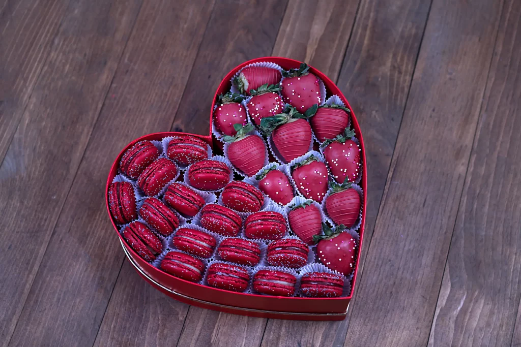 Valentine's Red Macaron & Berry Box perfect for new couples celebrating love