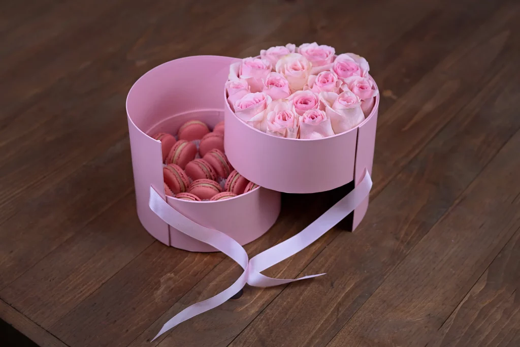 Pink Rose-Macaron Round Box open showing layers of delicate roses and gourmet macarons ideal for Valentine's Day