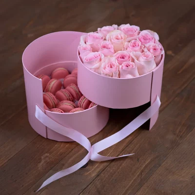 Pink Rose-Macaron Round Box open showing layers of delicate roses and gourmet macarons ideal for Valentine's Day