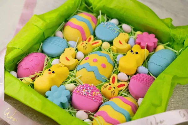 Artful arrangement of Easter chocolates in a sophisticated gift box