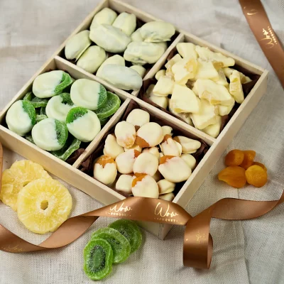 White Chocolate Dried Fruit Gift Box with a variety of creamy chocolate-covered dried fruits, including kiwi, Medjool dates, pineapples, and apricots