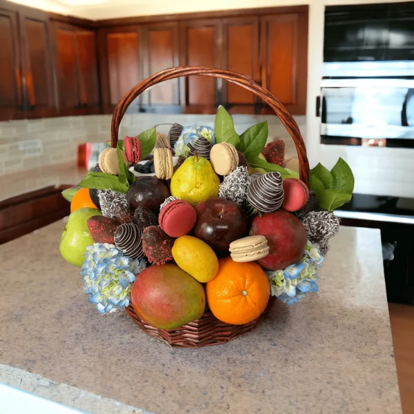 A luxurious fruit basket arrangement designed to impress, featuring a mix of fresh and seasonal fruits, decadent chocolate covered strawberries, and a blue hydrangea.