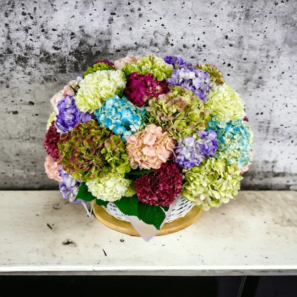 A detailed image of a hydrangea gift basket, emphasizing the density and quality of over 40 hydrangea stems, arranged to form a spectacular centerpiece.