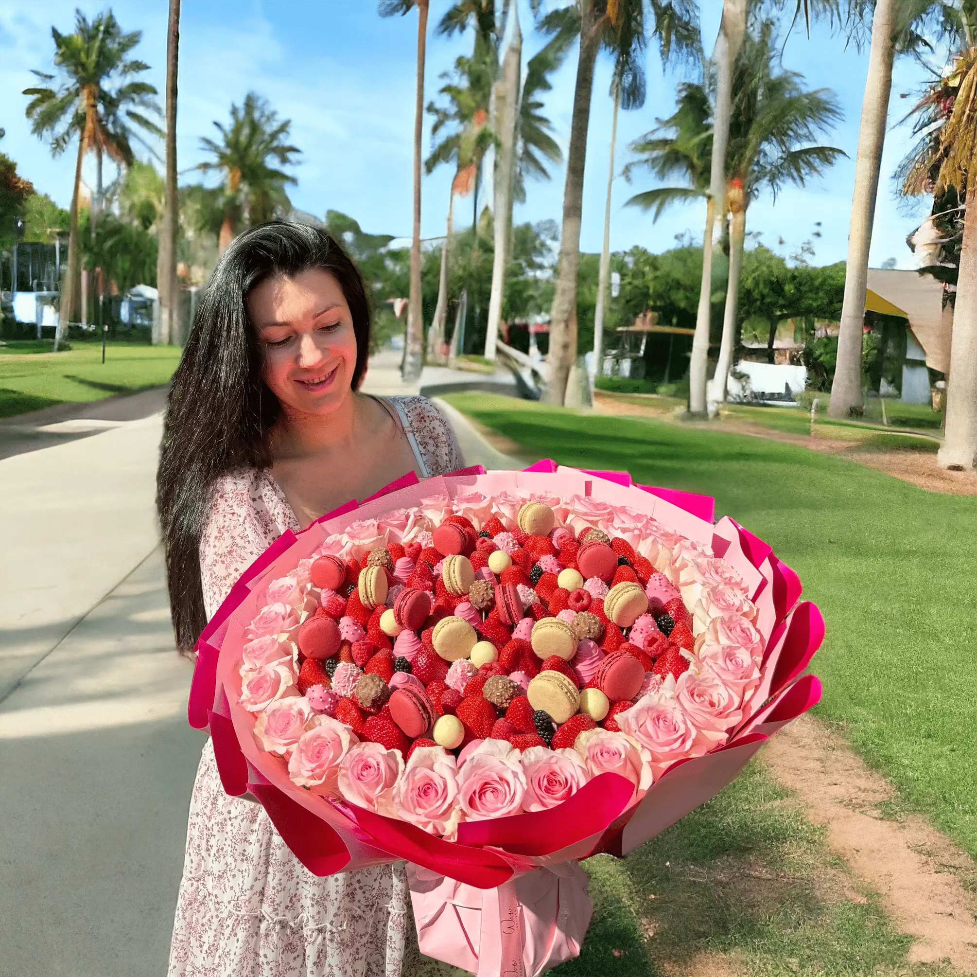 Gourmet fruit arrangement with pink roses, perfect for special NYC deliveries