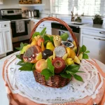 A sophisticated fruit and nut arrangement with an array of dried fruits like apricots and figs, alongside premium nuts, elegantly displayed in a stylish basket.