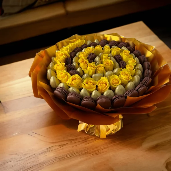 An artistic arrangement paying tribute to Gustav Klimt, featuring an array of roses, each resembling a brushstroke, alongside opulent chocolate-covered strawberries and macarons.