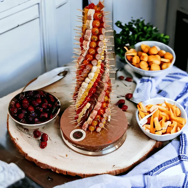 Tall Charcuterie Tower arranged beautifully with gourmet meats and cheeses, cherries, and olives, ready for delivery in and around New York City.