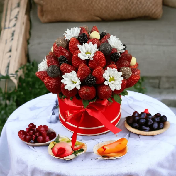 A lavish gift box blending fresh strawberries with Ferrero Rocher chocolates, complemented by blueberries, blackberries, and delicate flowers for a unique fruit flower arrangement.