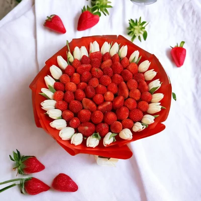 "Tulips with Strawberry" offers a captivating combination of colorful tulips and fresh strawberries, perfect for adding a unique touch to any occasion.