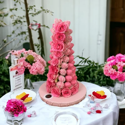 A magnificent 14-inch Chocolate Covered Strawberry Tower, featuring 45-55 exquisitely dipped strawberries, perfect for adding sophistication to NYC events.