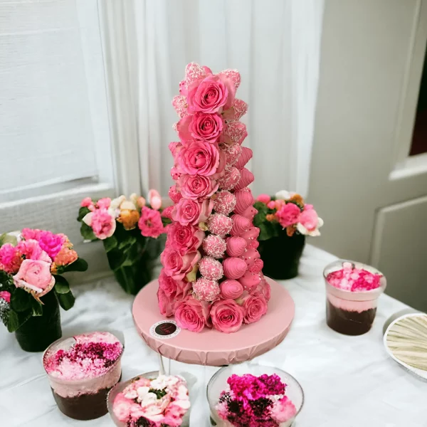 The Chocolate Covered Strawberry Tower, available in two sizes, presents a decadent display, perfect for any upscale event in New York City.