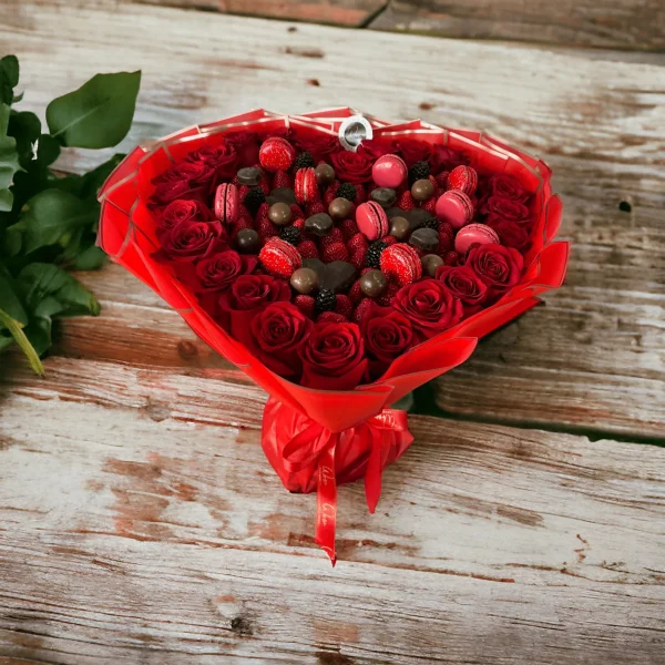 A blend of floral beauty and gourmet delights, this Heart-Shaped Strawberry Bouquet is adorned with chocolates and macarons, ideal for delivering a heartfelt message.
