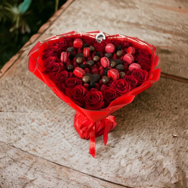 Perfect for expressing affection, our Heart-Shaped Strawberry Bouquet combines flowers, strawberries, chocolate hearts, and macarons, ensuring a memorable surprise.