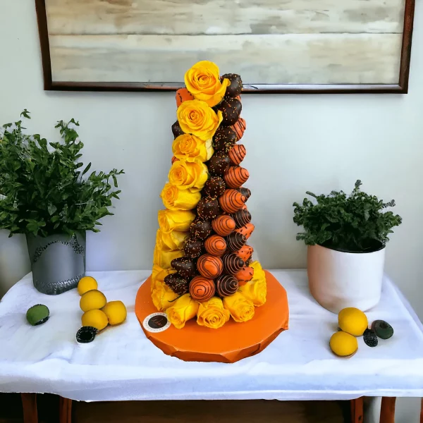 The 18-inch Fall Themed Chocolate Strawberry Tower, a breathtaking centerpiece with same day delivery in NYC.