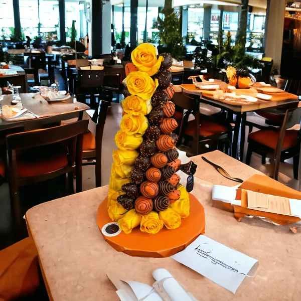A captivating chocolate strawberry tower, embodying the essence of fall, available for any NYC event with same day delivery.