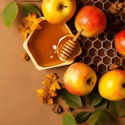 A beautifully arranged Rosh Hashanah gift basket filled with fresh fruits, honey, and chocolate treats, surrounded by a backdrop of festive flowers and traditional Jewish symbols.