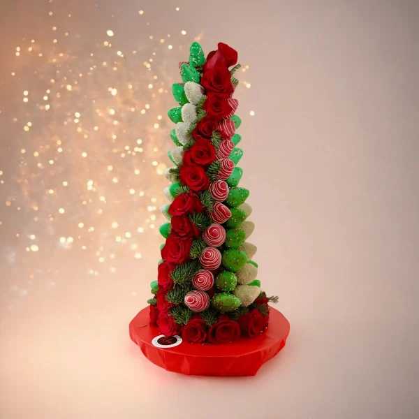 Christmas tower with chocolate strawberries and red roses for celebrations