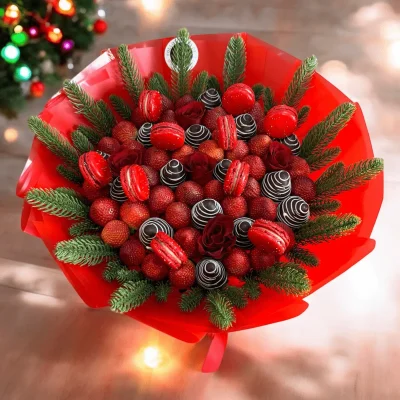 Christmas bouquet featuring fresh strawberries and festive pine accents