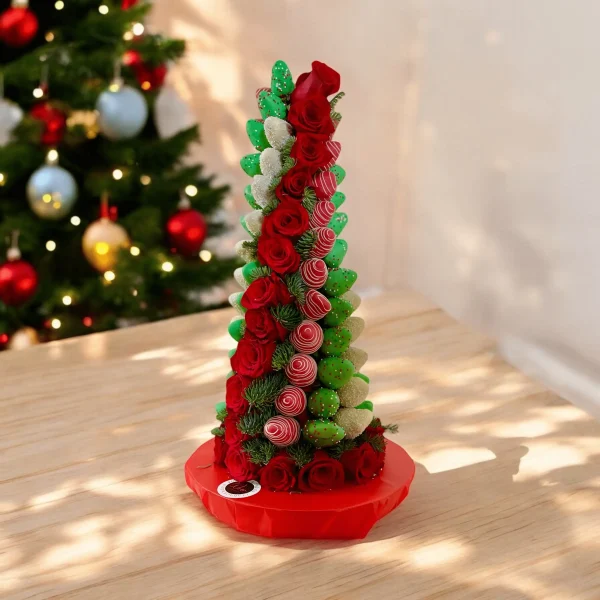 Holiday centerpiece with chocolate-covered strawberries and festive roses