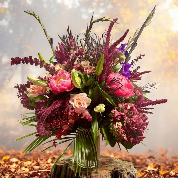 Autumn flower arrangement with gladiolus, roses, and lush greenery