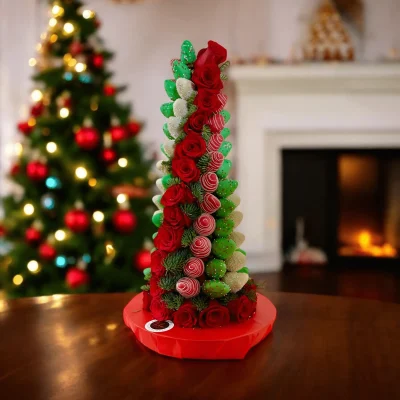 Elegant Christmas chocolate-covered strawberry tower in holiday colors