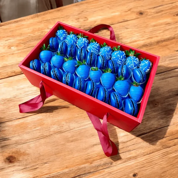 Chocolate-covered strawberry and macaron gift box for Hanukkah