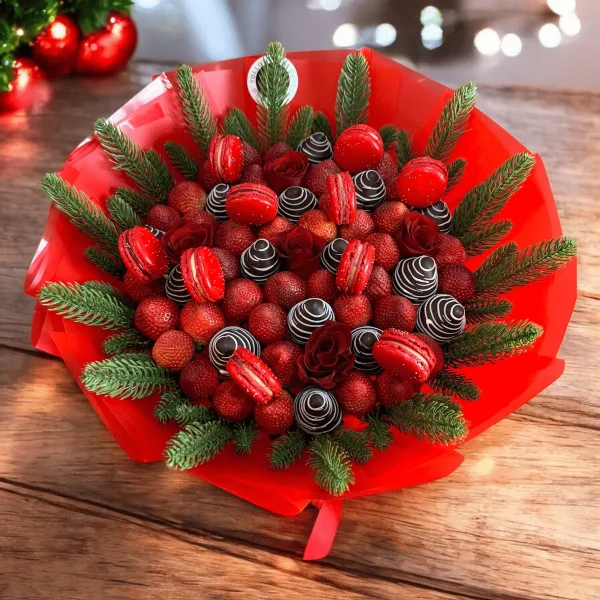 Holiday fruit bouquet with chocolate strawberries, fresh fruits, and macarons