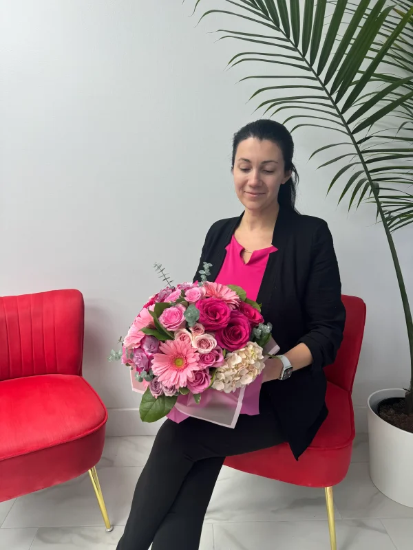 Birthday bouquet arrangement with fresh roses, hydrangeas, and Gerbera daisies