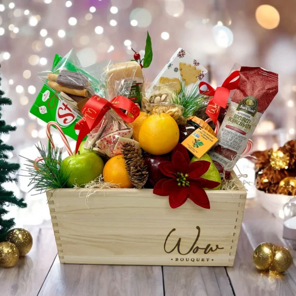 Full view of the Ultimate Christmas Gift Basket with festive decorations.