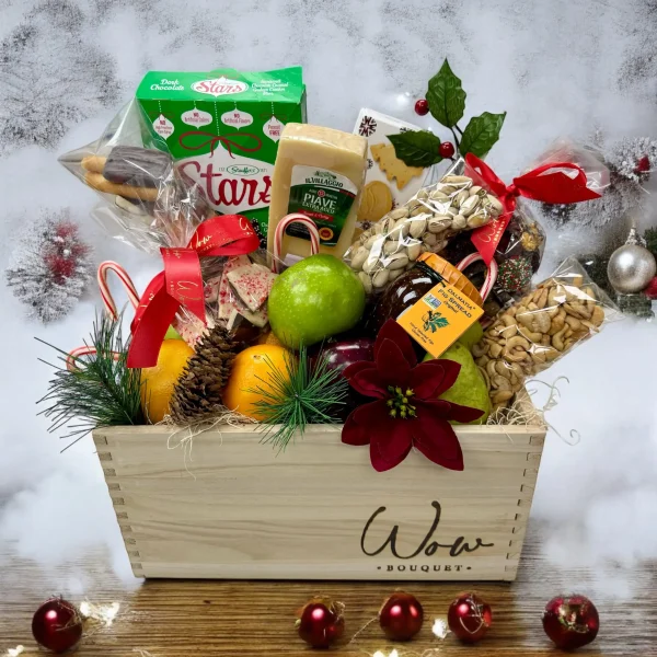 Candy canes and Walkers shortbread cookies in a Christmas basket.