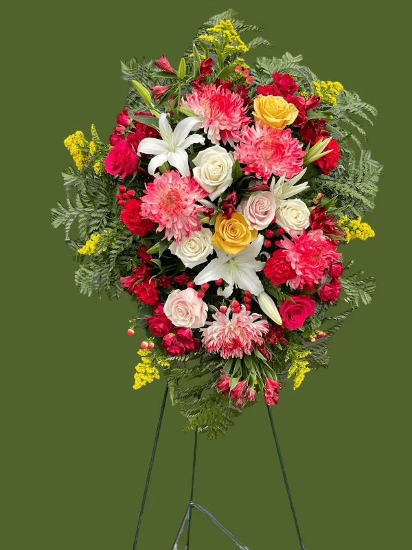 Profile view of the Eternal Love Spray with chrysanthemums and alstroemeria.