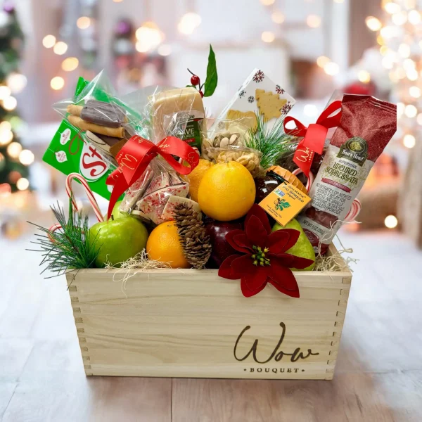 Chocolate bark, candy canes, and jam in a Christmas gift basket.