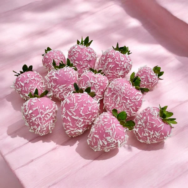 Fresh strawberries dipped in pink white Belgian chocolate, available in multiple sizes