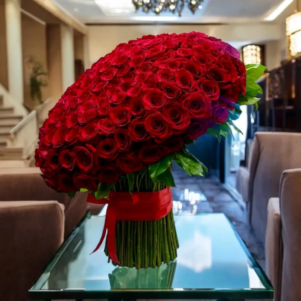 Full view of a luxury standing flower heart bouquet