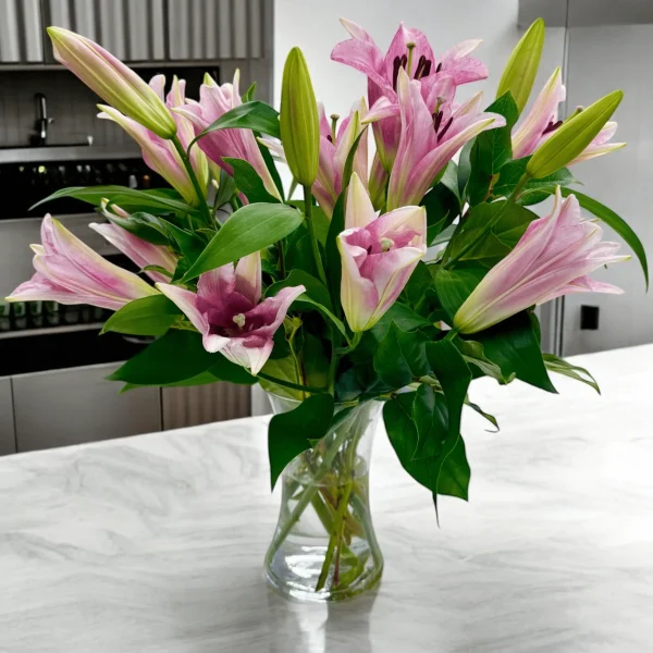 Bright pink lilies prepared for a local Bergen County order