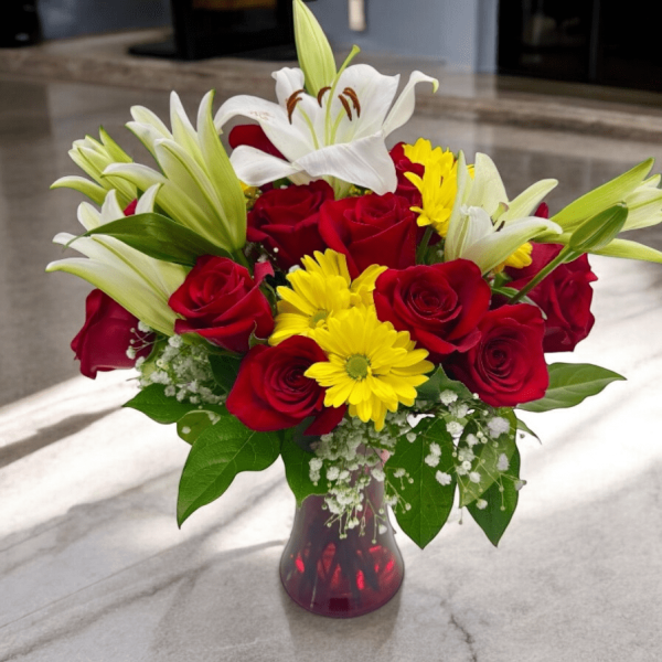 Elegant bouquet of roses, lilies, daisies displayed near a window