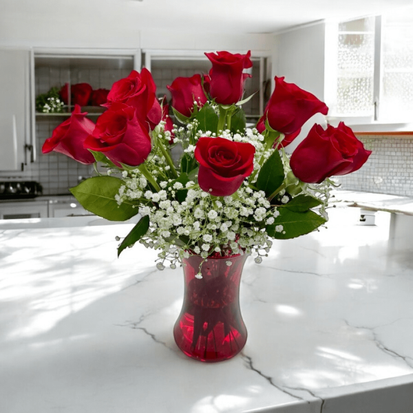 Classic red roses with greenery ready for local delivery