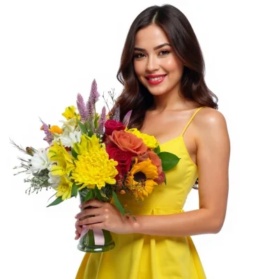 Cheerful summer bouquet in glass vase with yellow, red, and white blooms