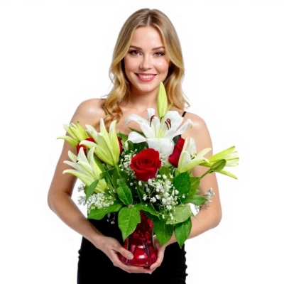Fresh red and white flower arrangement with greenery and baby’s breath