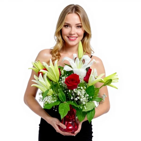 Fresh red and white flower arrangement with greenery and baby’s breath