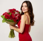 Fresh red rose bouquet with baby’s breath and greenery for Valentine’s Day