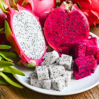 Dragon fruit cubes neatly arranged on a plate, highlighting their vibrant color and juicy texture, perfect for a refreshing snack.