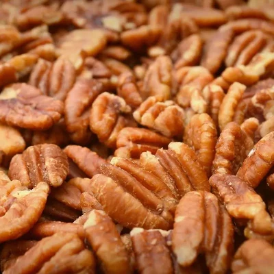 A handful of glossy, deep brown pecans with a grooved surface, emphasizing their rich, nutty flavor