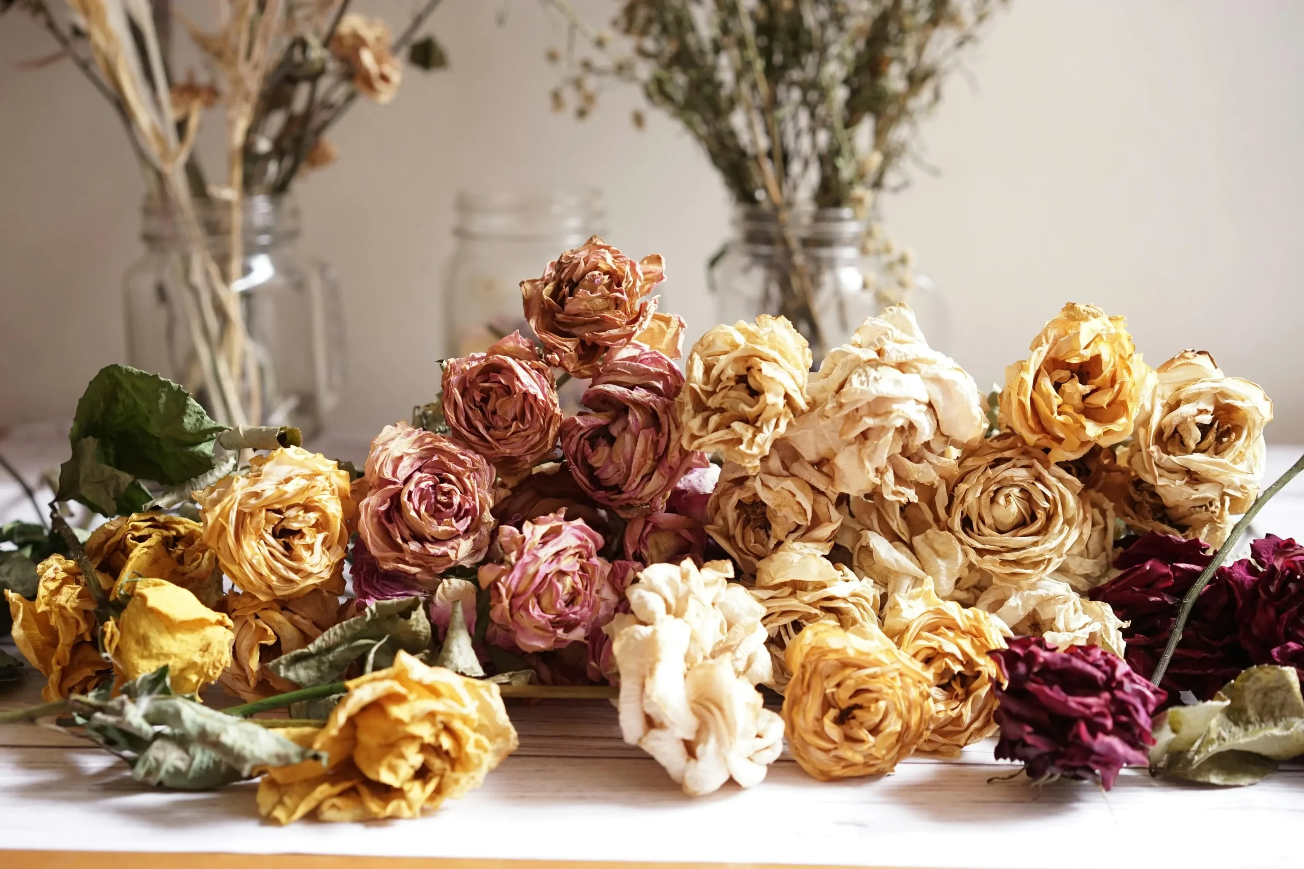 A collection of dried roses in shades of yellow, pink, and deep red arranged on a wooden surface. The petals are curled and slightly crinkled, showing signs of age. In the background, dried floral arrangements in glass jars add to the rustic, vintage aesthetic.